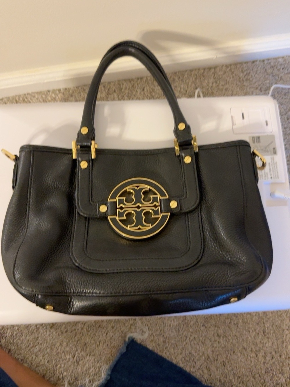 Tory Burch Amanda Black Pebbled Leather Satchel Bag Gold Logo